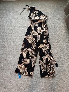 Cupshe Black Jumpsuit with Beige Palm Print - Wide Leg Halter